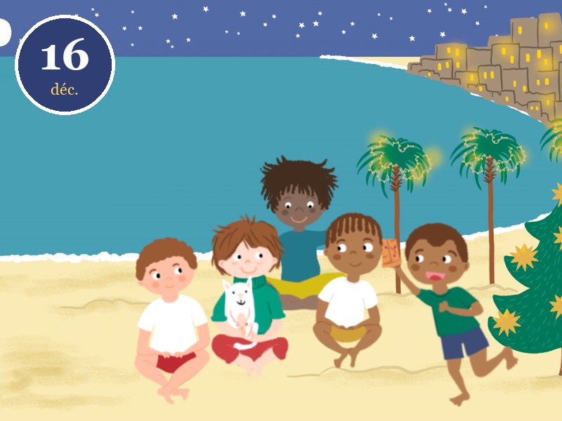 Case du 16 décembre du calendrier de l'Avent Le vœu d'Andréas, Noël au Brésil : les enfants sur la plage le soir de Noël