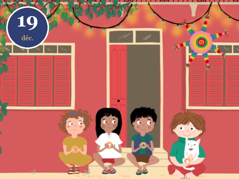 Case du 19 décembre du calendrier de l'Avent Le vœu d'Andréas, Noël au Mexique : les enfants devant la maison décorée