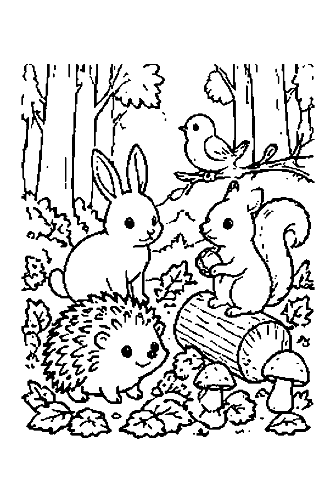 Coloriage d'automne à imprimer : les animaux de la forêt réunis autour d'un tas de feuilles