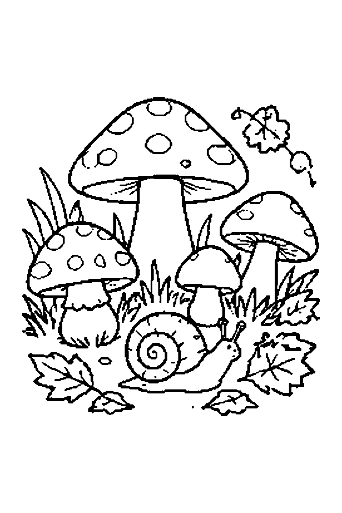 Coloriage de champignons d'automne à imprimer, avec un escargot et des feuilles
