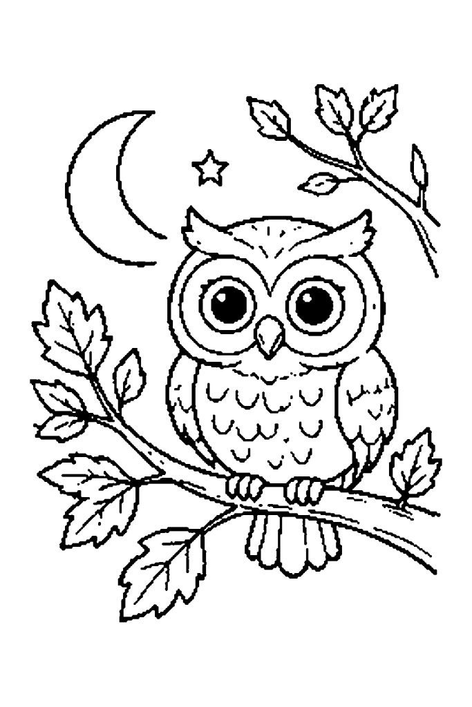 Coloriage d'automne : une chouette perchée sur une branche sous la lune