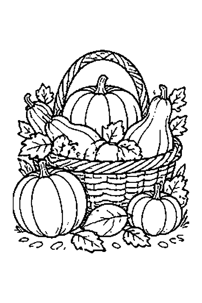 Coloriage d'automne : un panier rempli de potirons et de courges