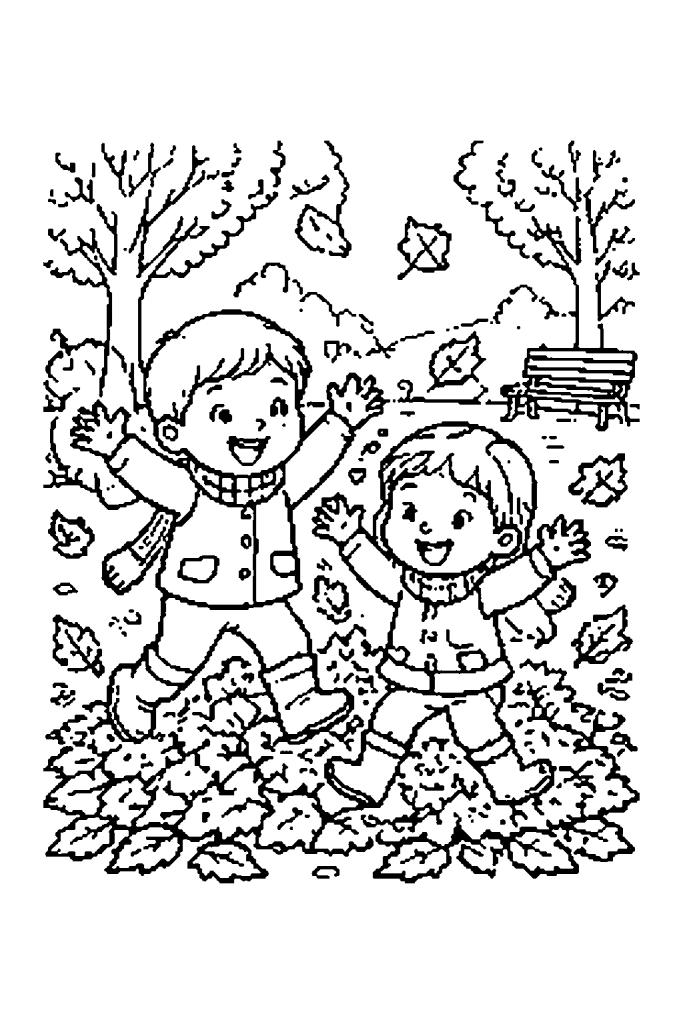 Coloriage d'automne à imprimer : des enfants qui sautent dans un tas de feuilles au parc