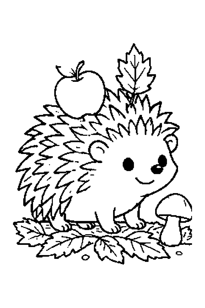 Coloriage d'automne à imprimer : un hérisson qui porte une pomme sur ses piquants