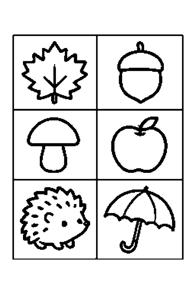 Planche de coloriages d'automne pour la maternelle : feuille, gland, champignon, pomme, hérisson et parapluie