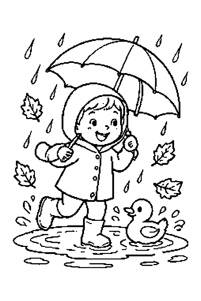 Coloriage d'automne : un enfant en bottes et parapluie qui saute dans une flaque
