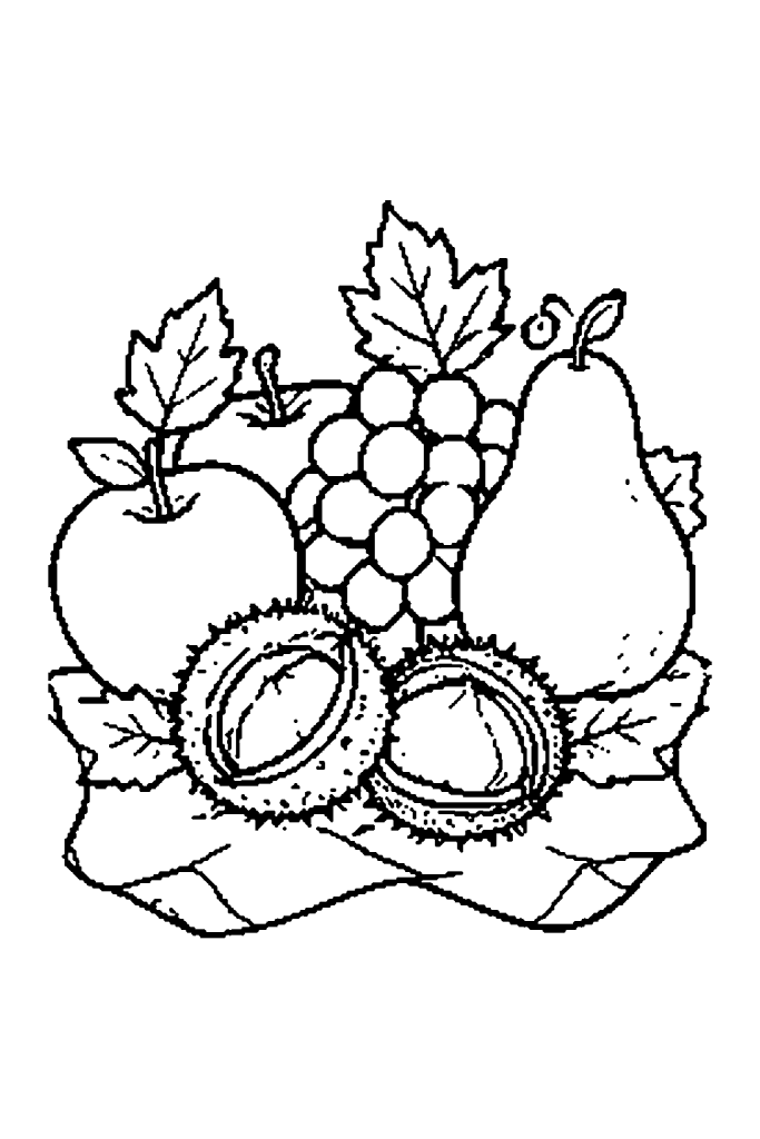 Coloriage d'automne : pommes, raisin, poire et châtaignes de saison