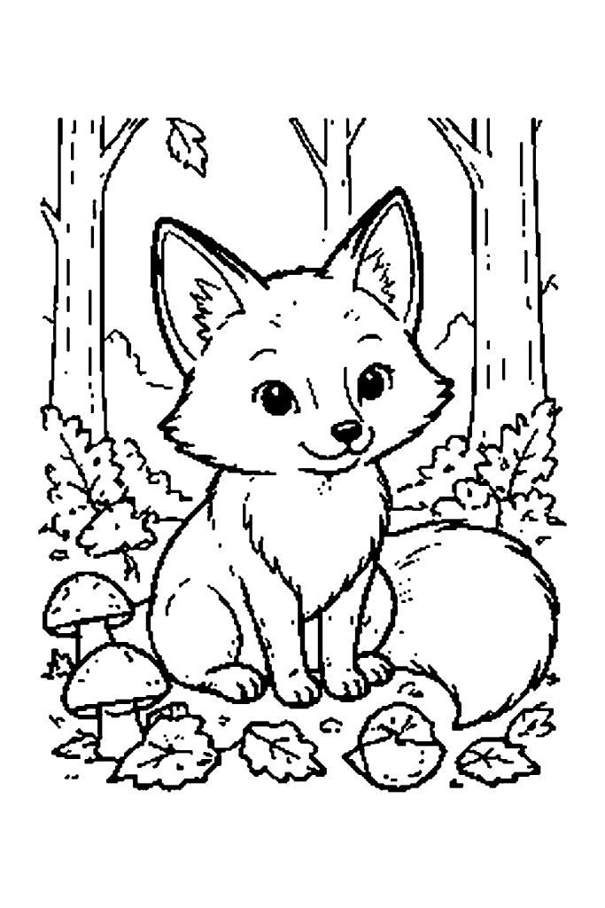 Coloriage d'automne : un renard assis parmi les feuilles et les champignons de la forêt
