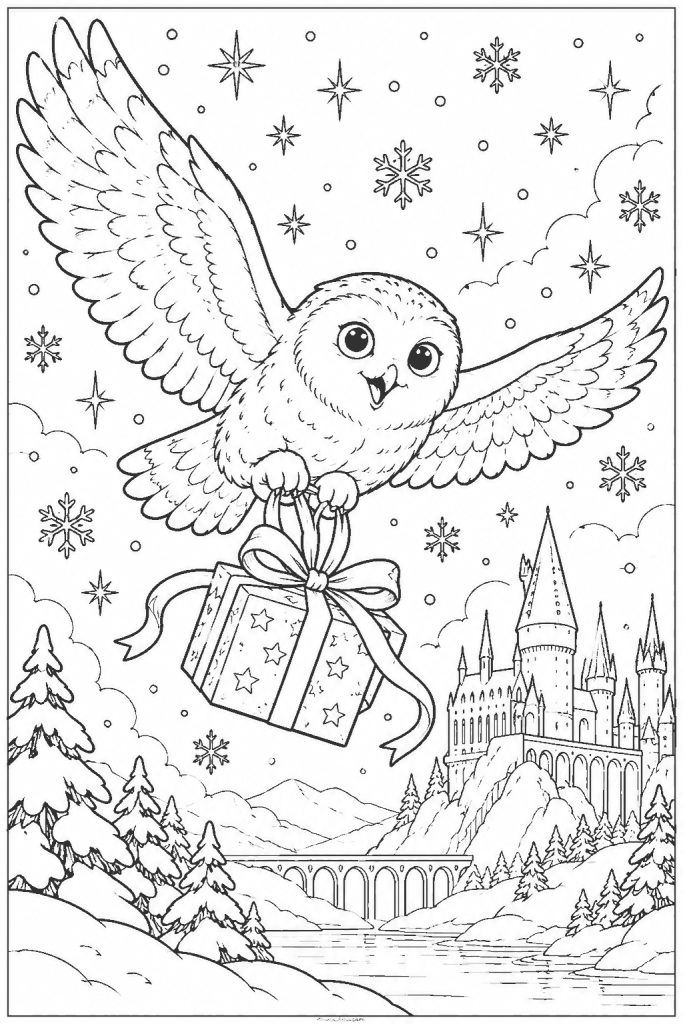 Coloriage Harry Potter de Noël à imprimer : la chouette blanche qui livre un cadeau au-dessus du château enneigé