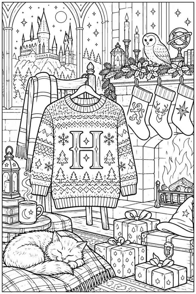 Coloriage Harry Potter de Noël à imprimer : le pull tricoté à la lettre H près de la cheminée