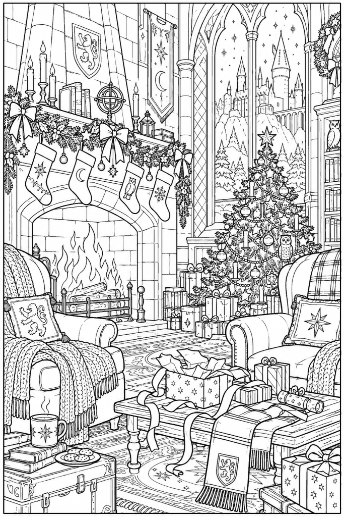 Coloriage Harry Potter de Noël à imprimer : la salle commune le matin de Noël, cadeaux ouverts au pied du sapin