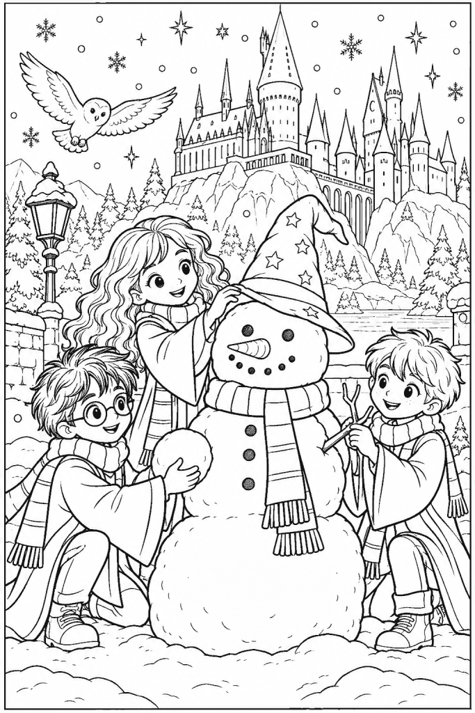 Coloriage Harry Potter de Noël à imprimer : le trio de sorciers et son bonhomme de neige au chapeau pointu