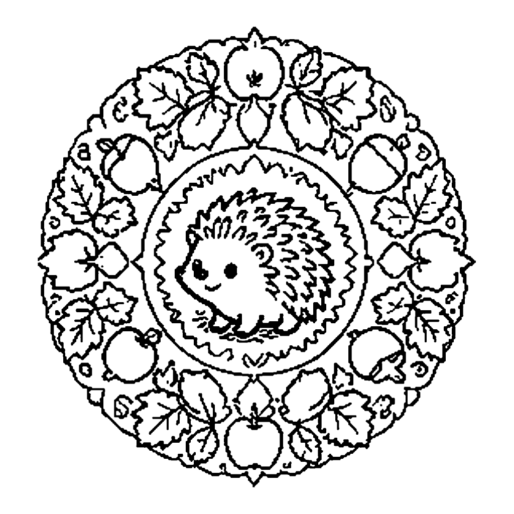 Mandala d'automne à imprimer avec un hérisson, des feuilles, des glands et des champignons