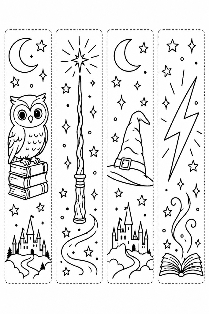 Marque-pages Harry Potter à imprimer et à découper : chouette, baguette, chapeau et éclair